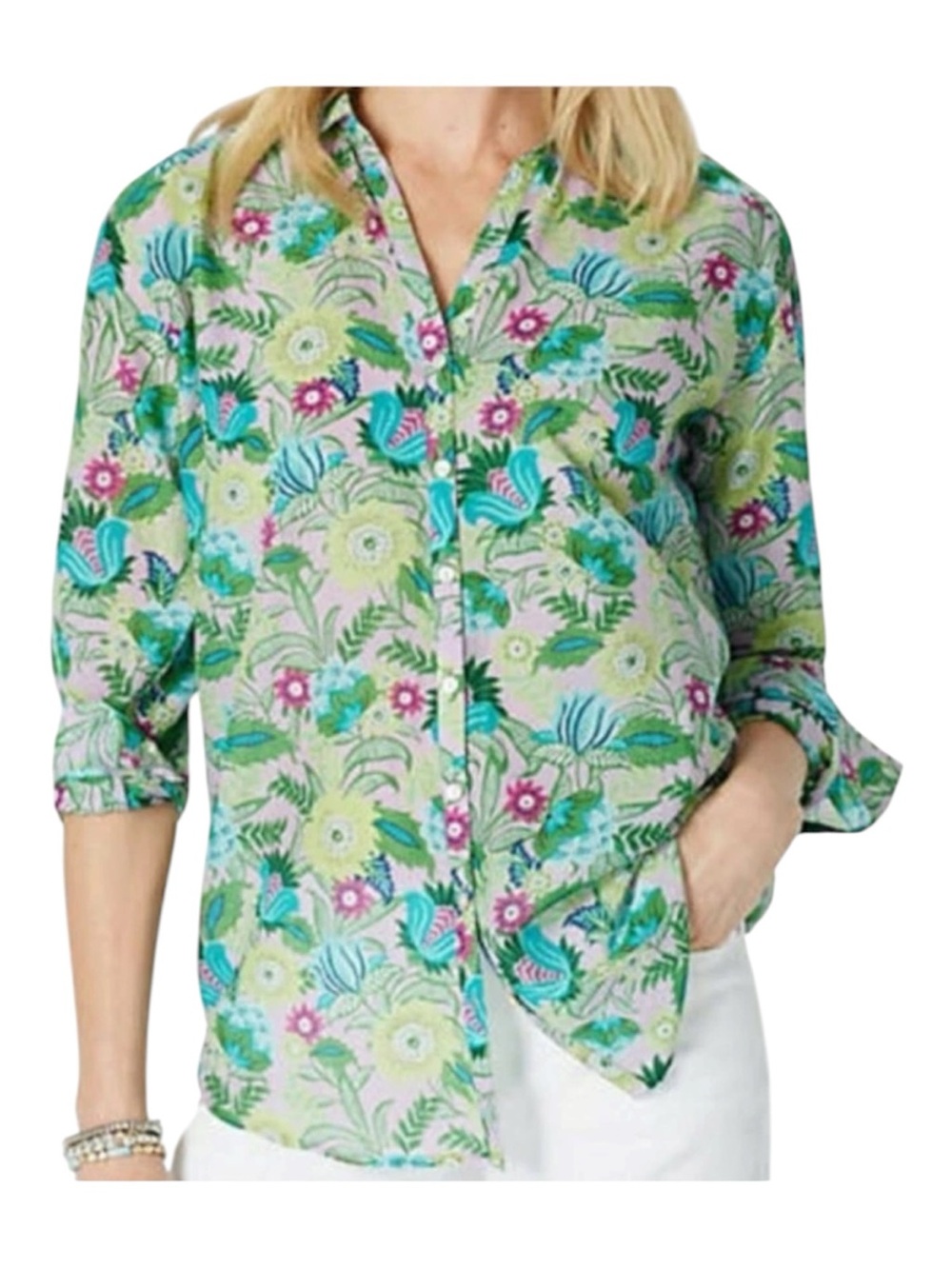 J.Jill Cotton Silk Lightweight Green Floral Button Down Shirt